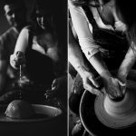 Two greyscale images of a woman and a man sitting at a pottery wheel. In the first, the man sits behind the woman as she drips water onto a piece of clay. In the second we see a top-down view of the woman's hands pulling up the walls of a clay vessel as the man reaches around her waist.